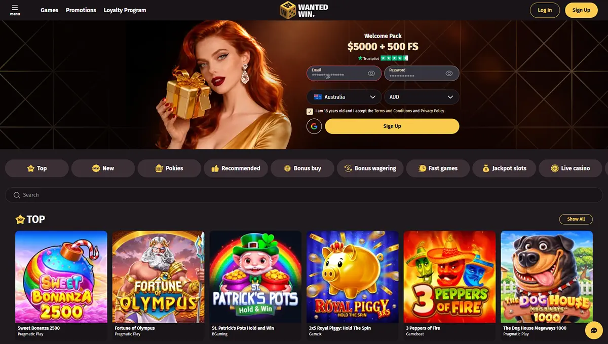 Wanted Win official homepage and public casino interface