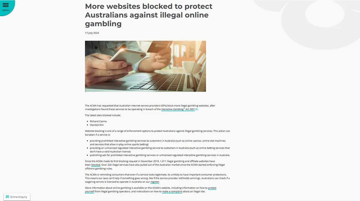 ACMA page naming Wanted Win in an ISP-blocking action